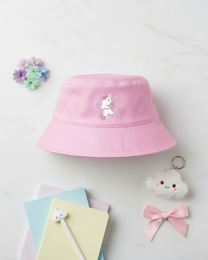 pink unicorn bucket hat - flat-lay