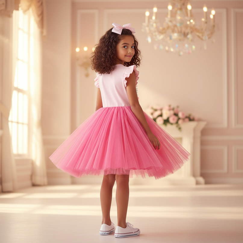 pink unicorn cap sleeve tutu dress - back