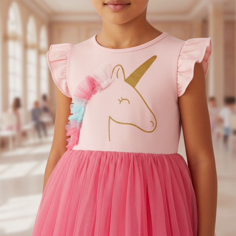 pink unicorn cap sleeve tutu dress - detail