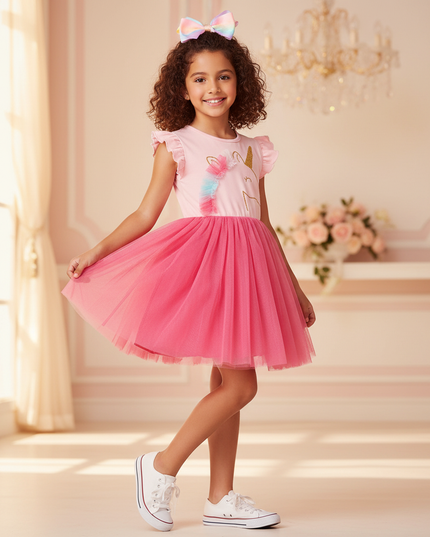 pink unicorn cap sleeve tutu dress - front