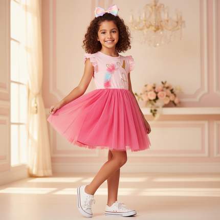 pink unicorn cap sleeve tutu dress - front