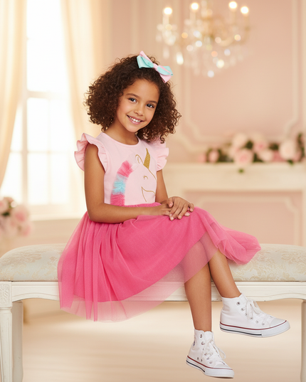 pink unicorn cap sleeve tutu dress - sitting