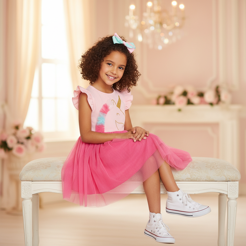 pink unicorn cap sleeve tutu dress - sitting