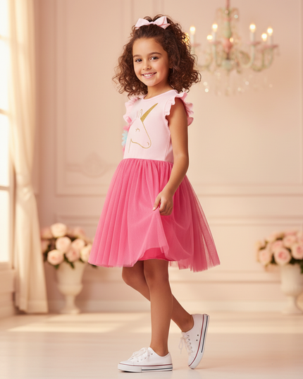 pink unicorn cap sleeve tutu dress - three-quarter