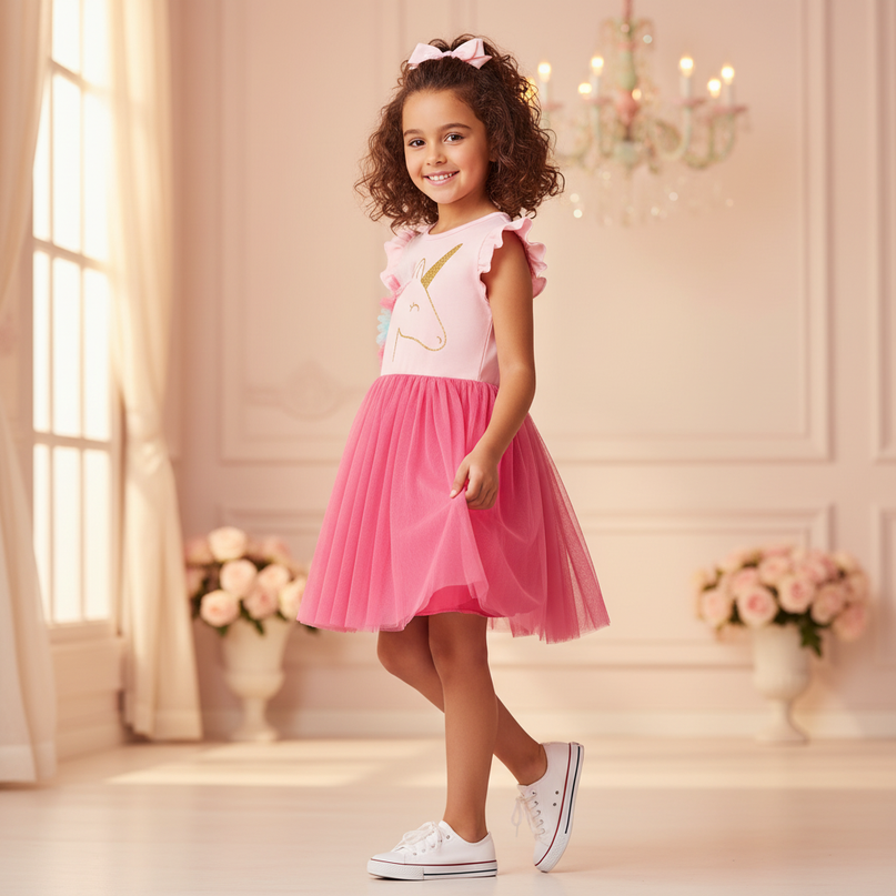 pink unicorn cap sleeve tutu dress - three-quarter