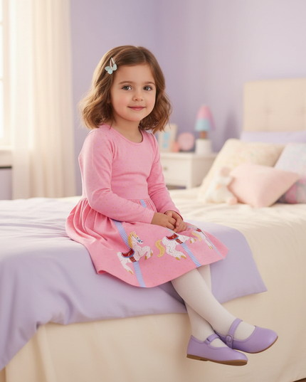 pink unicorn carousel dress girls - sitting