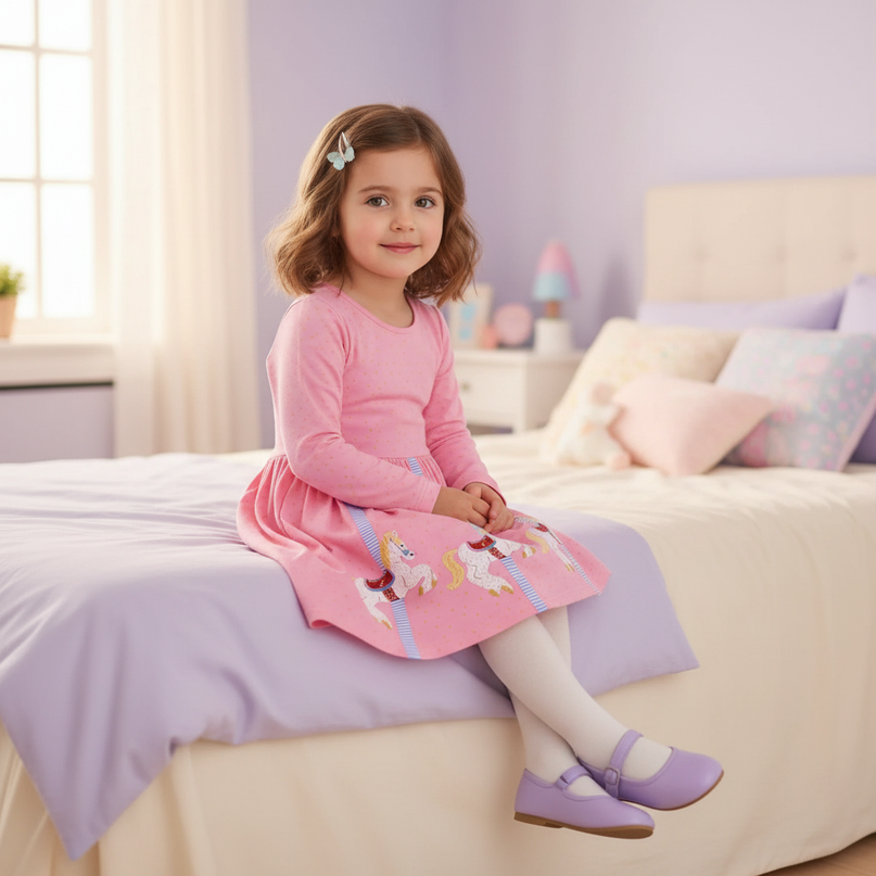pink unicorn carousel dress girls - sitting