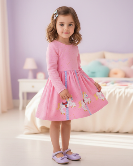 pink unicorn carousel dress girls - three-quarter