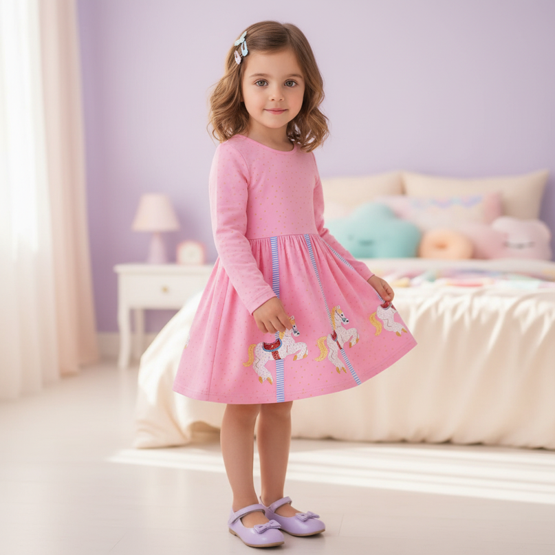 pink unicorn carousel dress girls - three-quarter