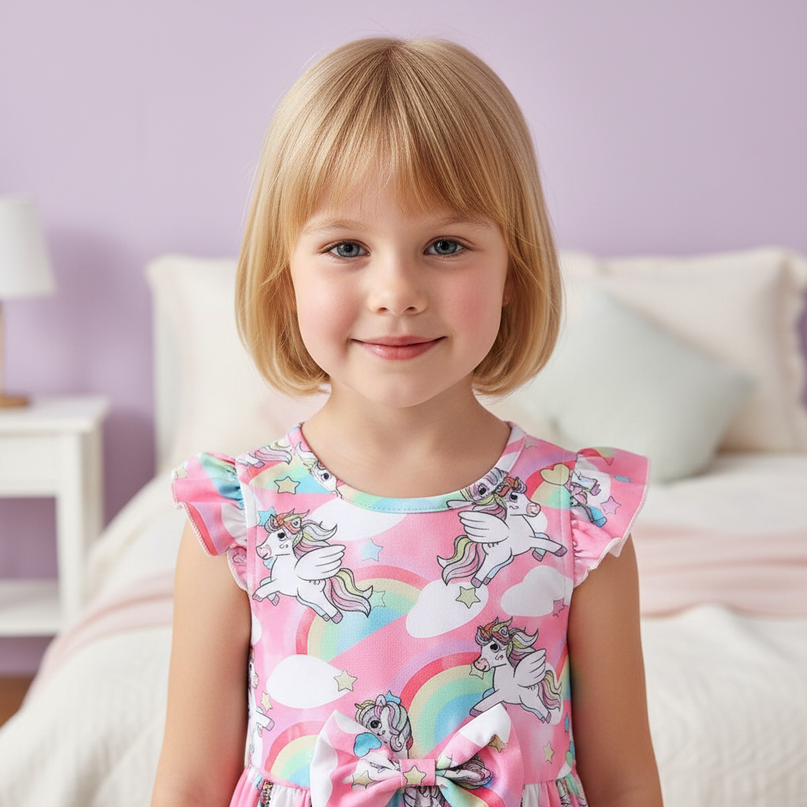 pink unicorn cartoon dress - detail