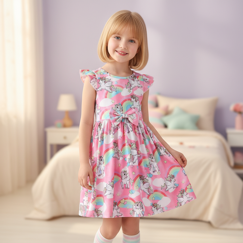pink unicorn cartoon dress - front