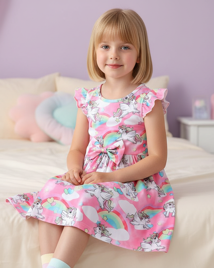 pink unicorn cartoon dress - sitting