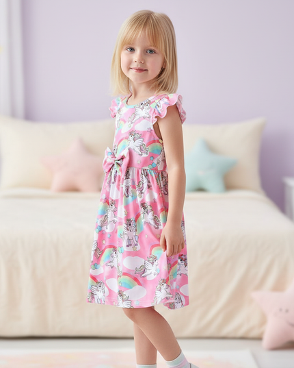 pink unicorn cartoon dress - three-quarter