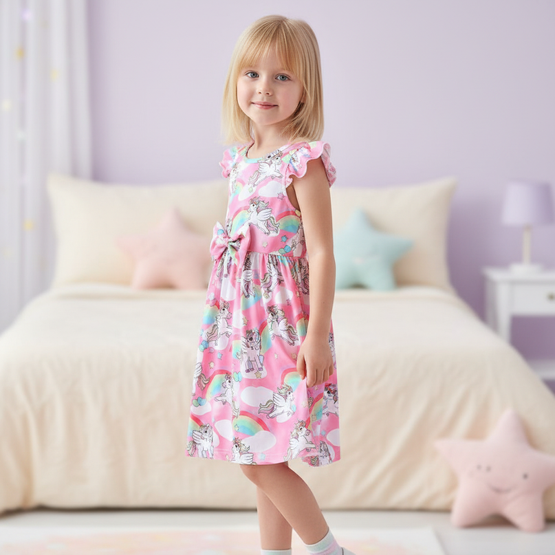 pink unicorn cartoon dress - three-quarter