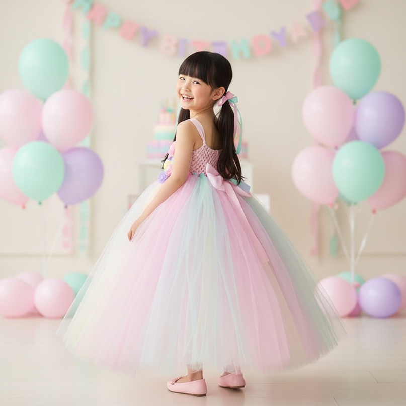 pink unicorn cartoon flutter dress - back