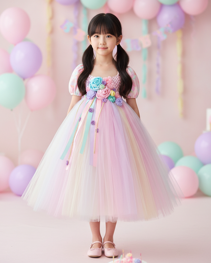 pink unicorn cartoon flutter dress - detail