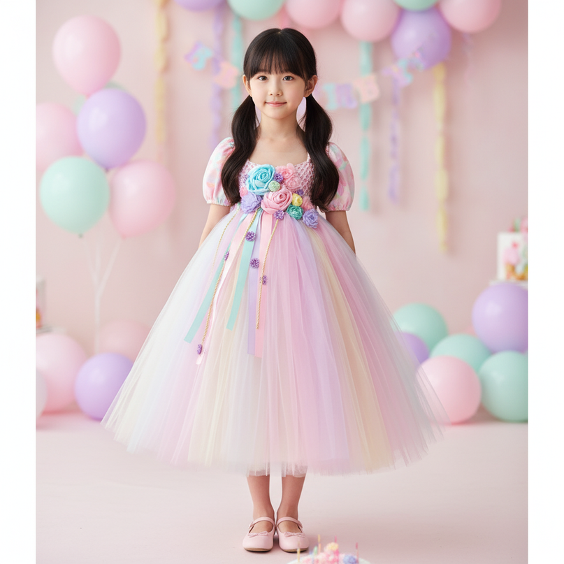 pink unicorn cartoon flutter dress - detail