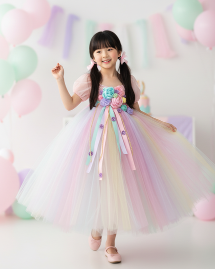 pink unicorn cartoon flutter dress - front