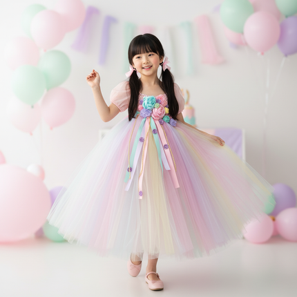 pink unicorn cartoon flutter dress - front