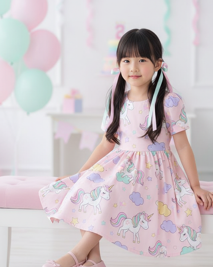 pink unicorn cartoon flutter dress - sitting