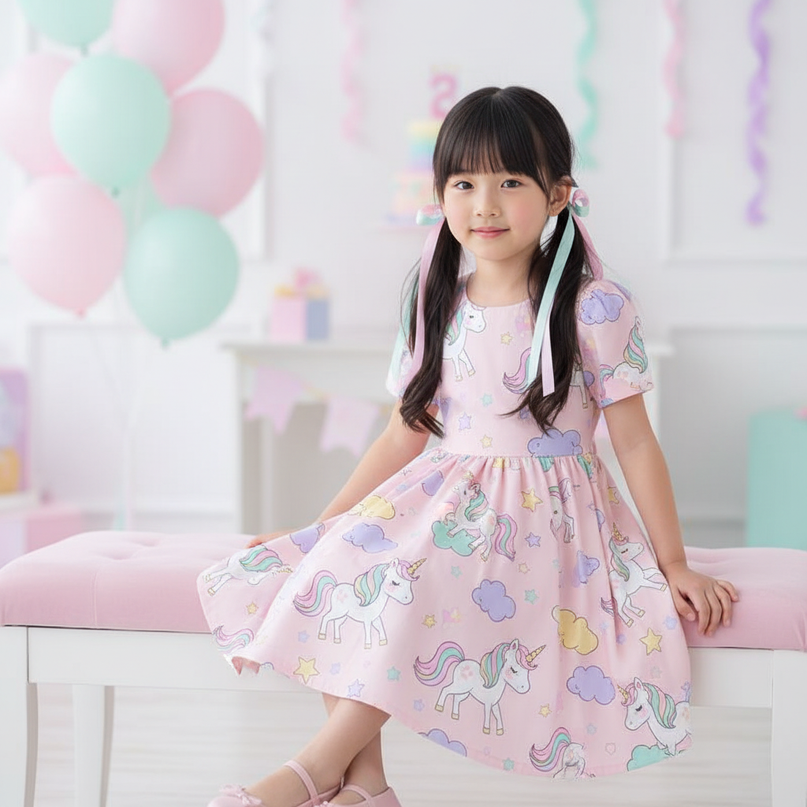 pink unicorn cartoon flutter dress - sitting