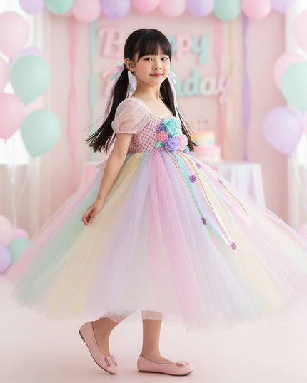pink unicorn cartoon flutter dress - three-quarter