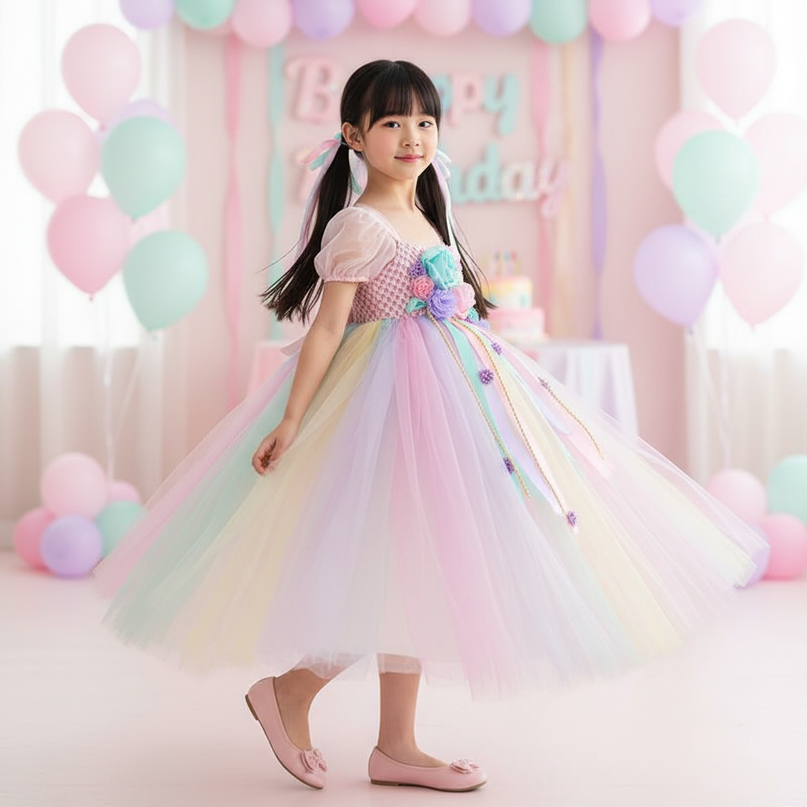 pink unicorn cartoon flutter dress - three-quarter