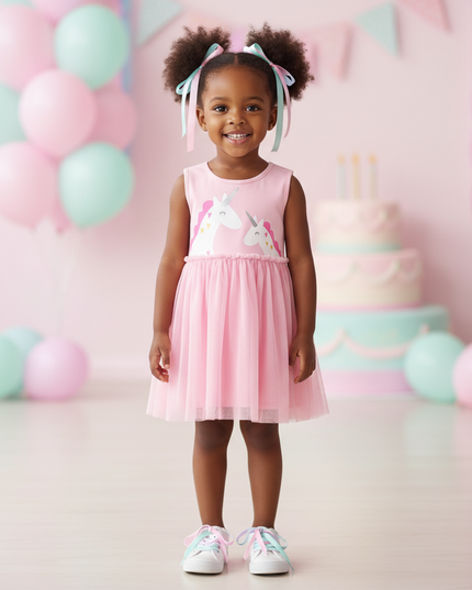 pink unicorn cartoon tulle dress - detail