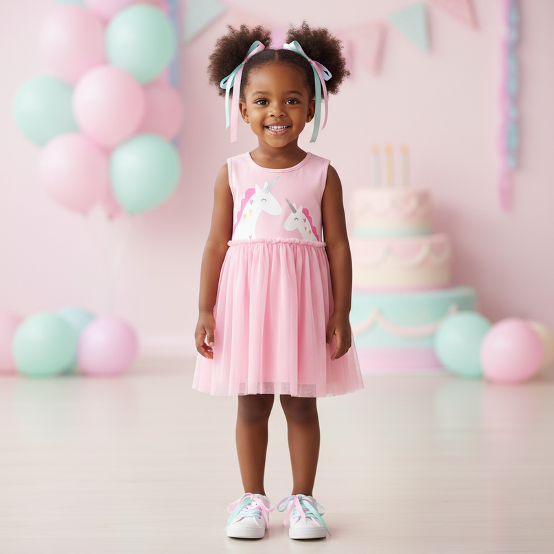 pink unicorn cartoon tulle dress - detail