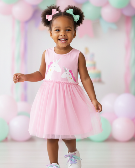 pink unicorn cartoon tulle dress - front