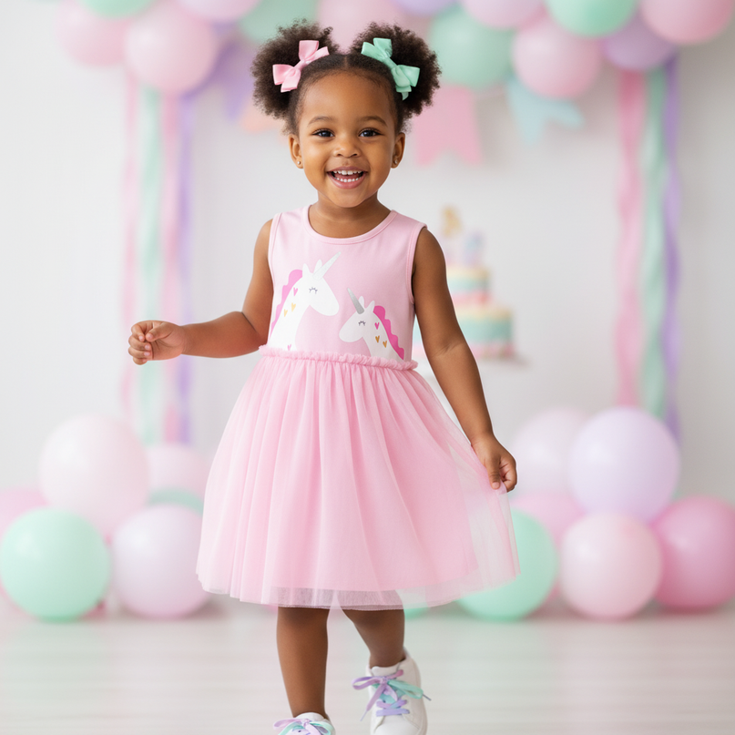 pink unicorn cartoon tulle dress - front