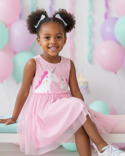 pink unicorn cartoon tulle dress - sitting
