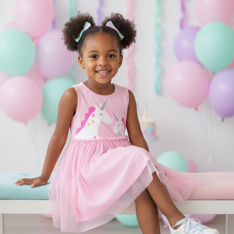 pink unicorn cartoon tulle dress - sitting