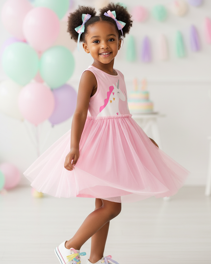 pink unicorn cartoon tulle dress - three-quarter