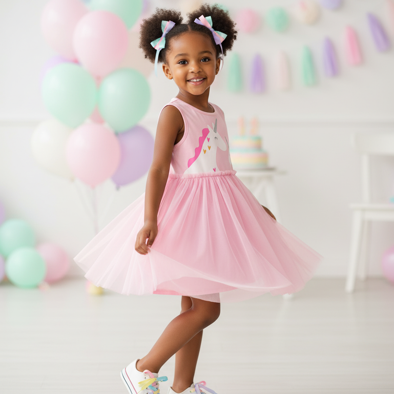 pink unicorn cartoon tulle dress - three-quarter