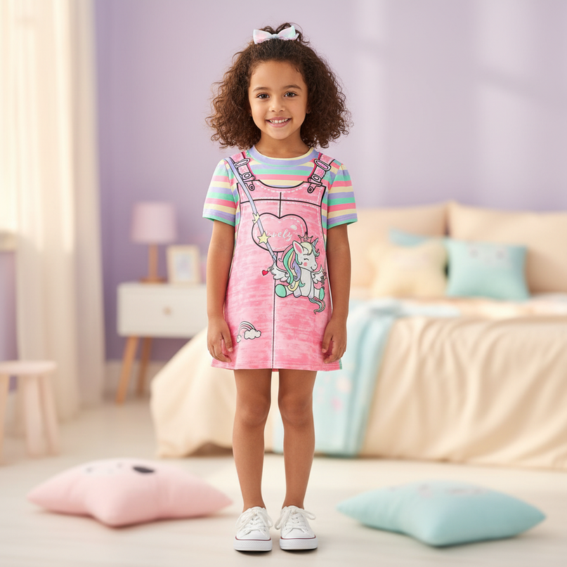 pink unicorn casual dress girls - detail