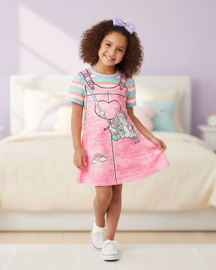 pink unicorn casual dress girls - front