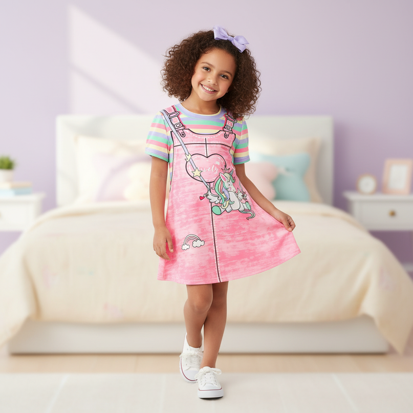 pink unicorn casual dress girls - front