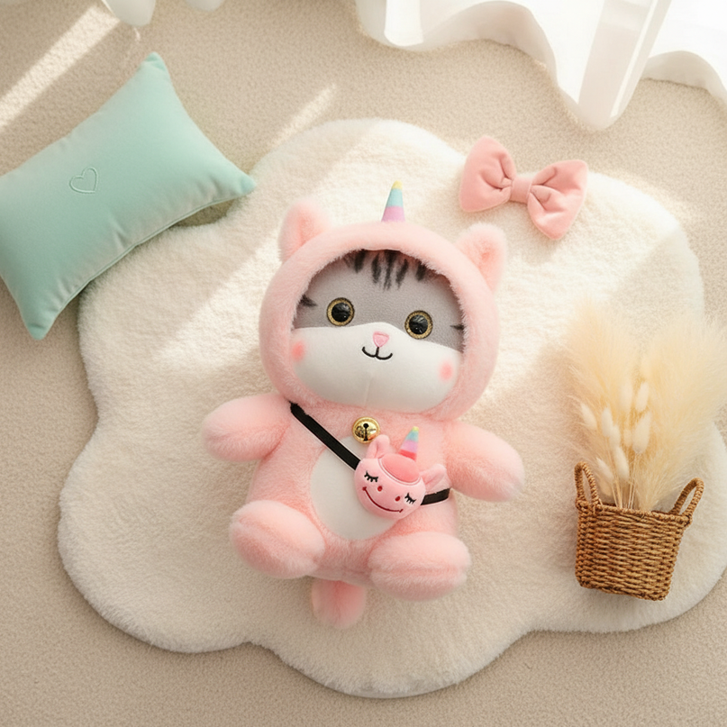 pink unicorn cat plush - flat-lay