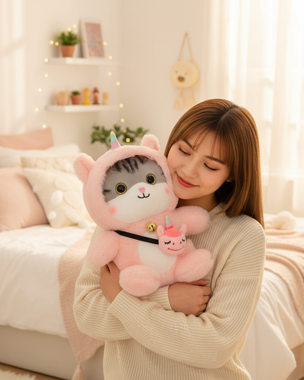 pink unicorn cat plush - in-use