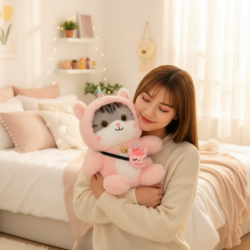 pink unicorn cat plush - in-use