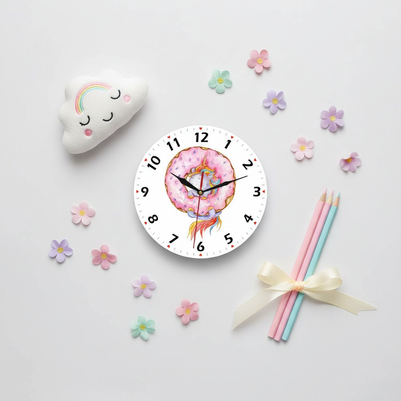 pink unicorn clock - flat-lay