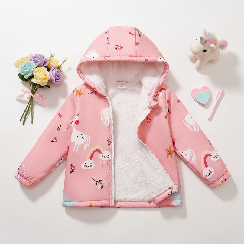 pink unicorn coat - flat-lay