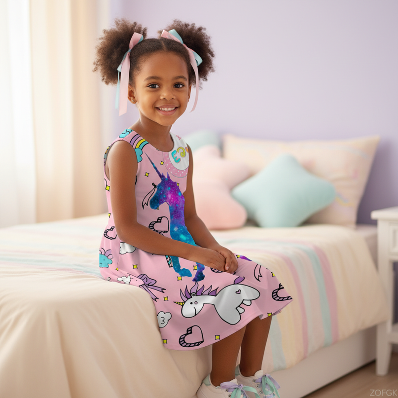 pink unicorn cosmic dress - sitting