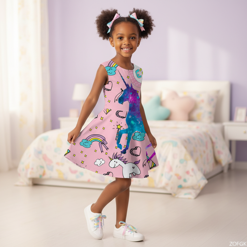 pink unicorn cosmic dress - three-quarter