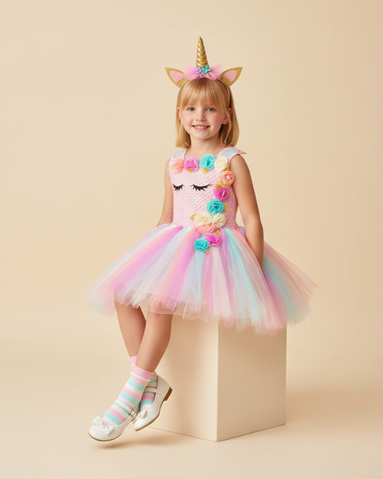 pink unicorn costume dress set - sitting