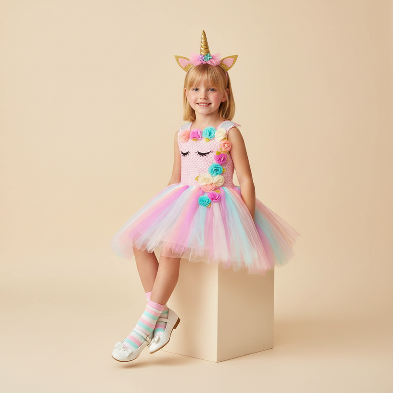 pink unicorn costume dress set - sitting
