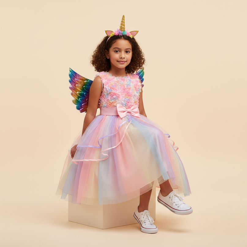 pink unicorn costume dress with wings - sitting