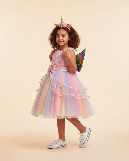 pink unicorn costume dress with wings - three-quarter