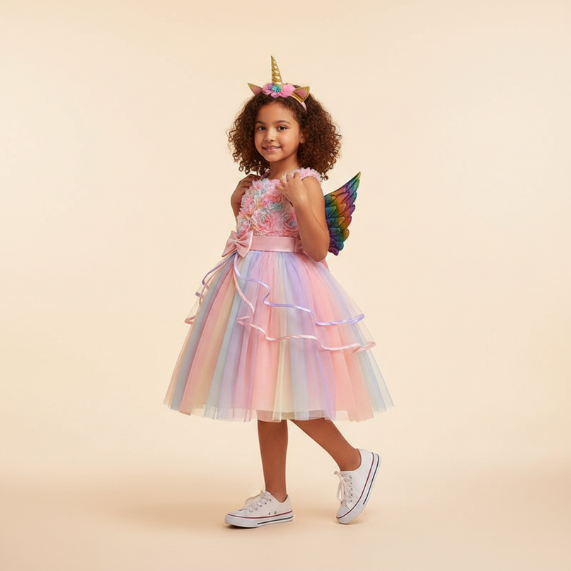 pink unicorn costume dress with wings - three-quarter